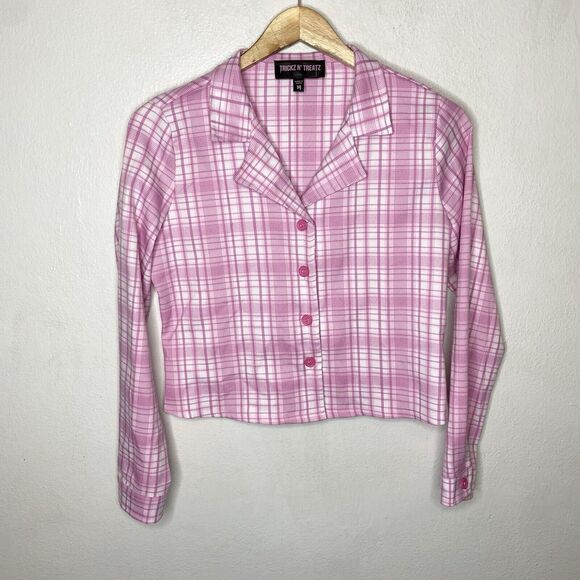 Dolls Kill Jackets & Blazers - Dolls Kill Tricks N Treatz Pink Plaid Button Up V-Neck Collared Shirt Blazer